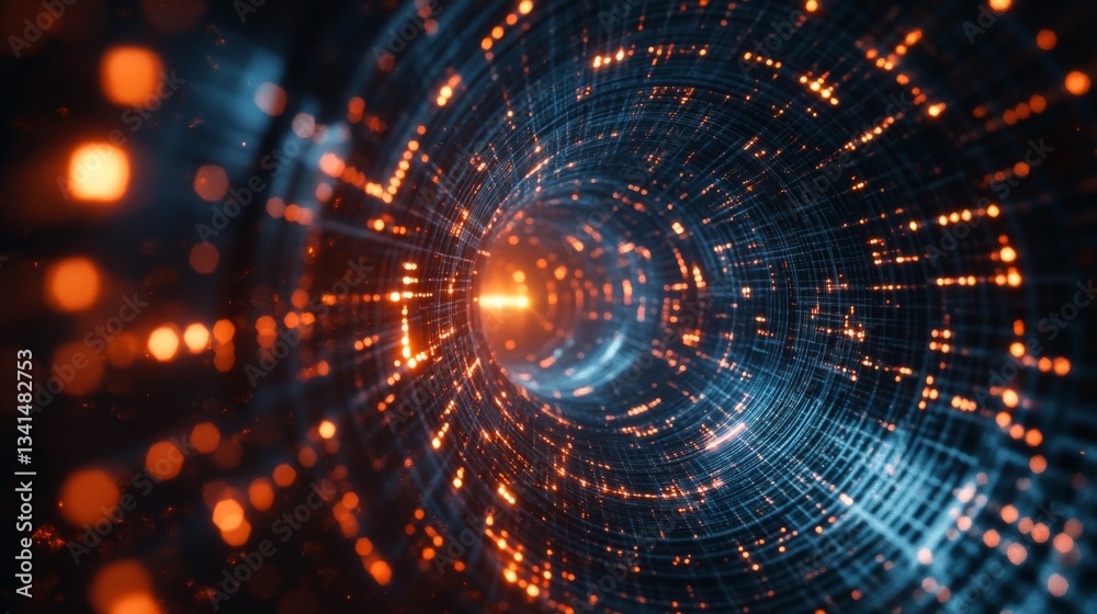 Abstract Digital Tunnel with Orange and Blue Glowing Particles Abstract Digital Tunnel with Orange and Blue Glowing Particles