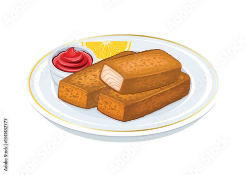 Fish fingers and ketchup sauce vector illustration isolated on a white background. Fried fish stick on a plate icon vector. Breaded fish fillet drawing. Template for background, banner, card