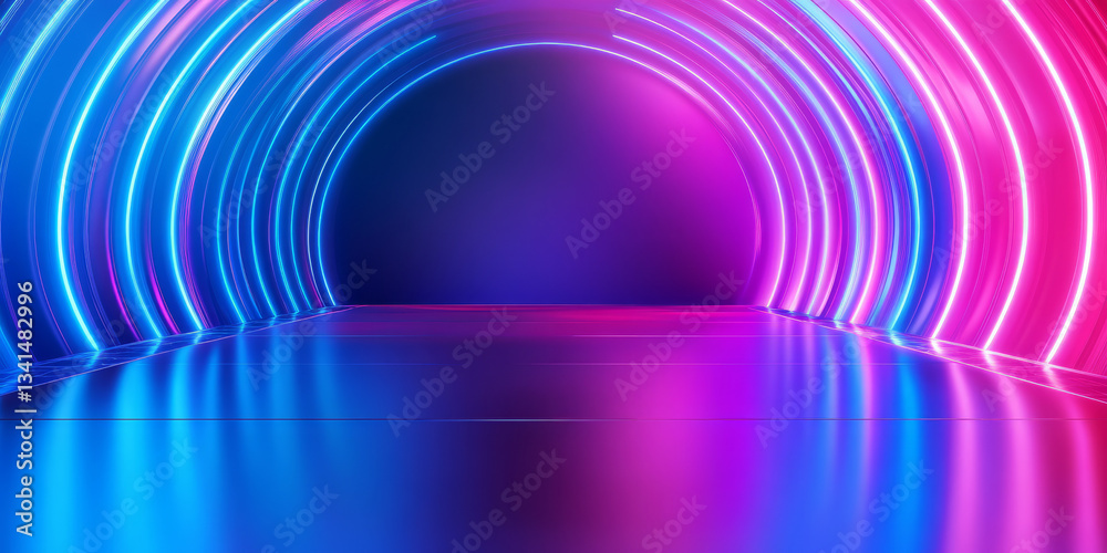 A dynamic 3D background featuring a futuristic tunnel with glowing neon rings extending into infinity. The vibrant blue and magenta hues create a cyberpunk aesthetic, with reflections on the sleek