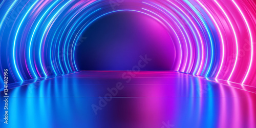 Obraz na płótnie A dynamic 3D background featuring a futuristic tunnel with glowing neon rings extending into infinity. The vibrant blue and magenta hues create a cyberpunk aesthetic, with reflections on the sleek w salonie