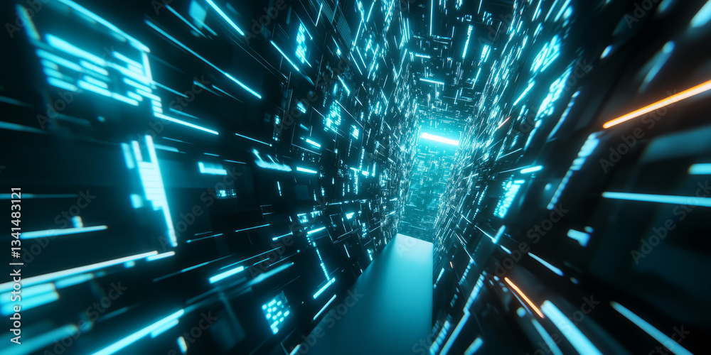 A futuristic 3D background showcasing an intricate network of interconnected hexagonal tiles, some of which are glowing. The perspective creates a sense of vast depth, while the blue and cyan light
