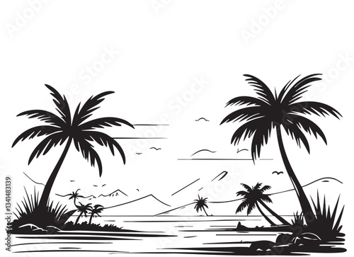Tropical palm tree vector silhouette. Summer landscape sketch