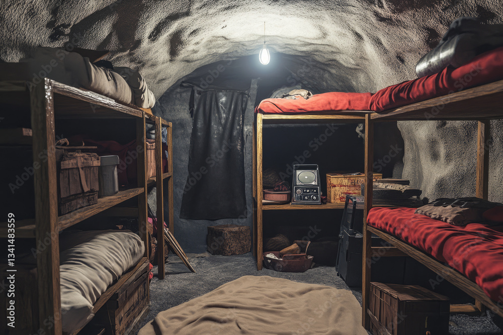 A post-apocalyptic survival bunker 3D background room with shelves stocked with emergency supplies, makeshift beds, and a dusty old radio crackling with static. The rugged, dimly lit space tells a