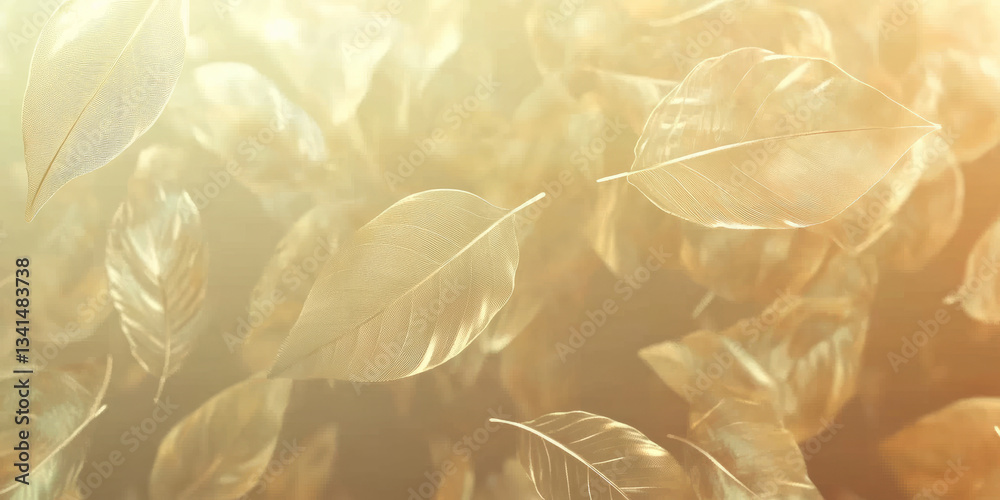 A nature-inspired 3D background with floating translucent leaves illuminated by soft, golden sunlight. The gentle movement and warm color palette evoke a sense of peace and serenity, perfect for