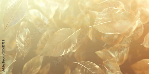 Obraz na płótnie A nature-inspired 3D background with floating translucent leaves illuminated by soft, golden sunlight. The gentle movement and warm color palette evoke a sense of peace and serenity, perfect for w salonie
