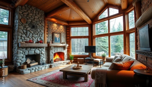 Cozy rustic living room with stone fireplace, large windows, and wood accents, home, texture