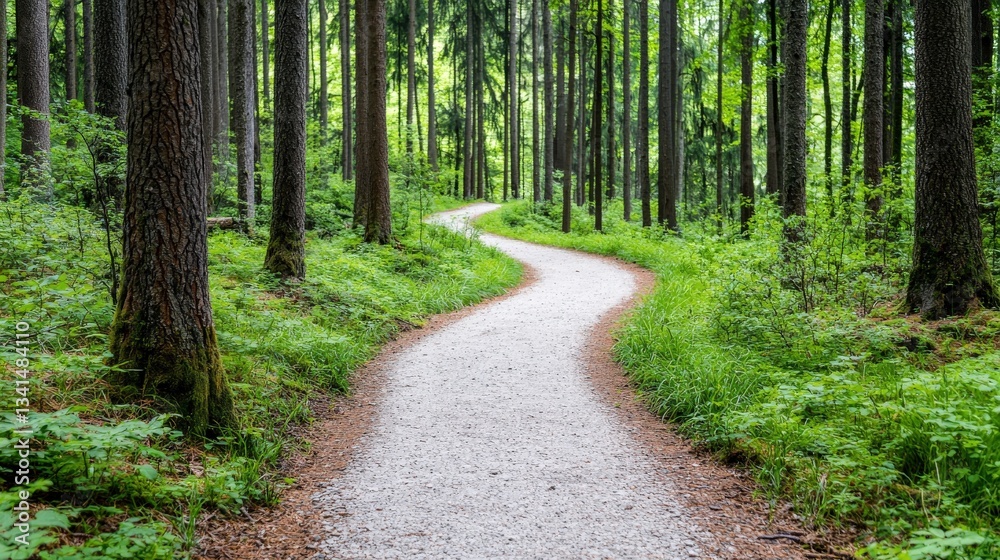 A winding gravel path cuts through a lush green forest, surrounded by tall trees and vibrant foliage, inviting exploration and tranquility. A winding gravel path cuts through a lush green forest, surrounded by tall trees and vibrant foliage, inviting exploration and tranquility.