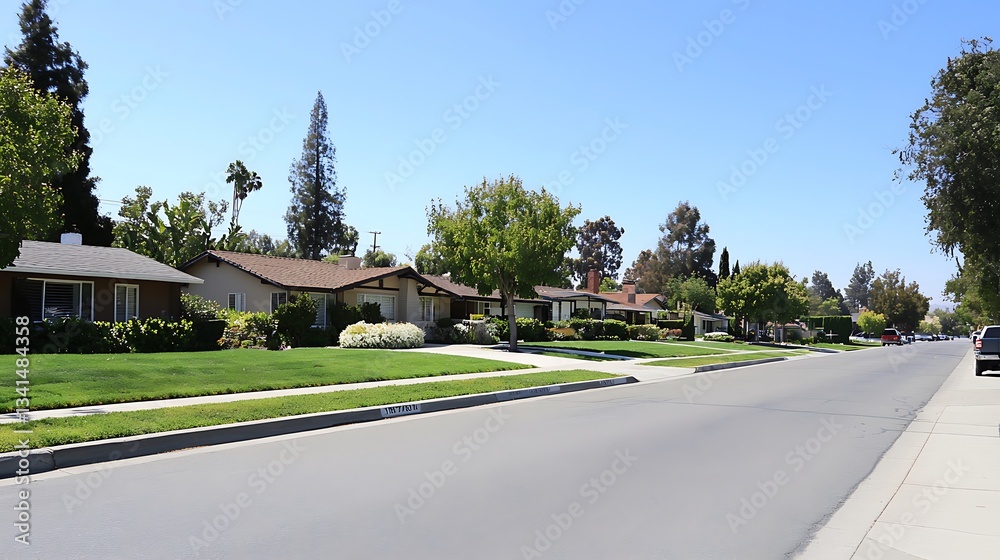 A quiet residential street with a few houses A quiet residential street with a few houses