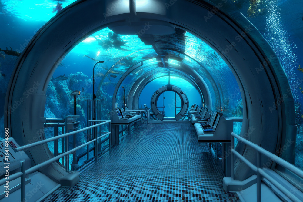 A giant underwater research station 3D background room with transparent tunnels, soft blue lighting, and exotic sea creatures swimming outside. The futuristic space is designed with advanced