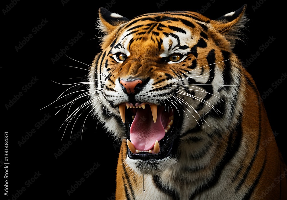 Fototapeta premium Fierce Tiger Portrait Against Black Background. Generative Ai