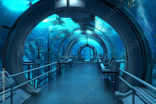 Obraz na płótnie A giant underwater research station 3D background room with transparent tunnels, soft blue lighting, and exotic sea creatures swimming outside. The futuristic space is designed with advanced w salonie