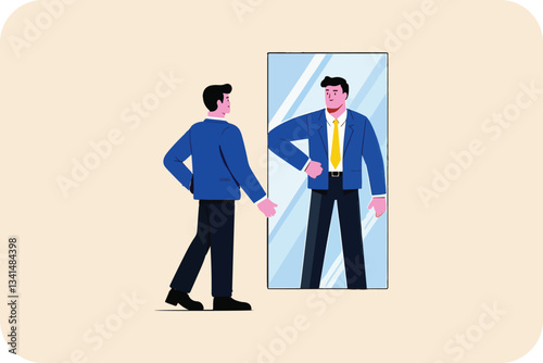 Self-Reflection Man Looking at His Mirror Image in a Suit