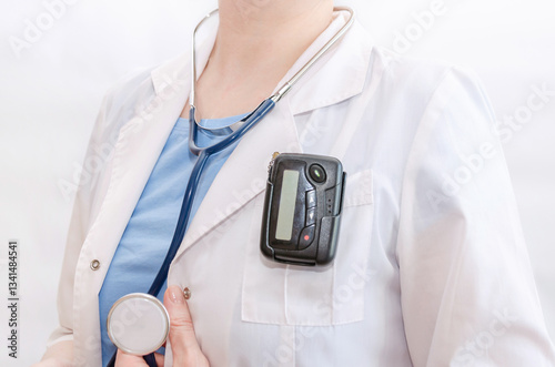 Medical Professional with Stethoscope Holding Pager Device photo