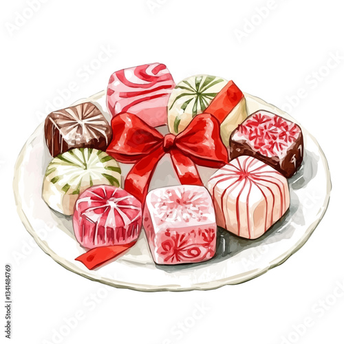 Watercolor Haft sin colored Sweets and Sugar Candies with red ribbon white plate. Traditional Persian New Year, isolated on a white background. Nowruz vector design set	