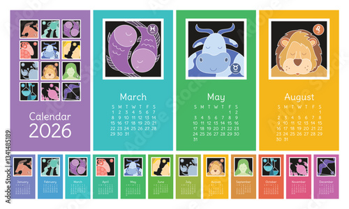 Calendar 2026. Zodiac signs: aquarius, libra, leo, taurus, cancer, pisces, virgo, capricorn, sagittarius, aries, gemini, scorpio. Color vector horoscope. Astrological calender. Colorful design