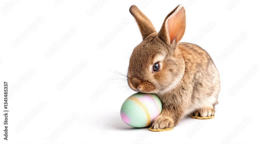 Obraz premium bunny holding colorful easter egg, copy space for text 
