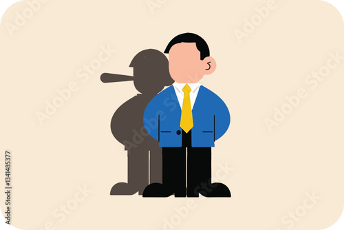 liar businessman standing with a long nose shadow of himself