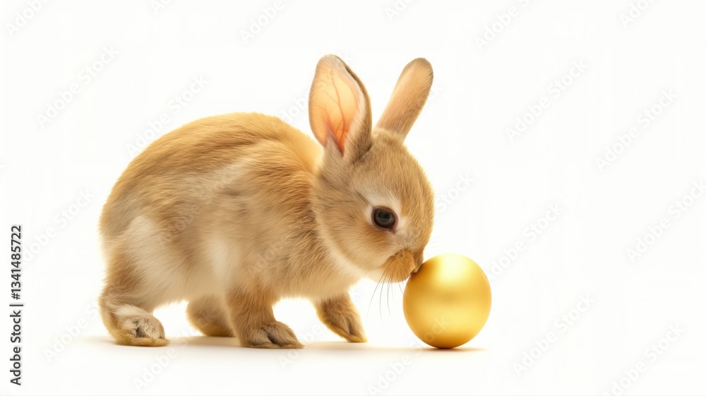 Obraz premium easter, baby rabbit sniffing a golden easter egg on a white background, copy space for text