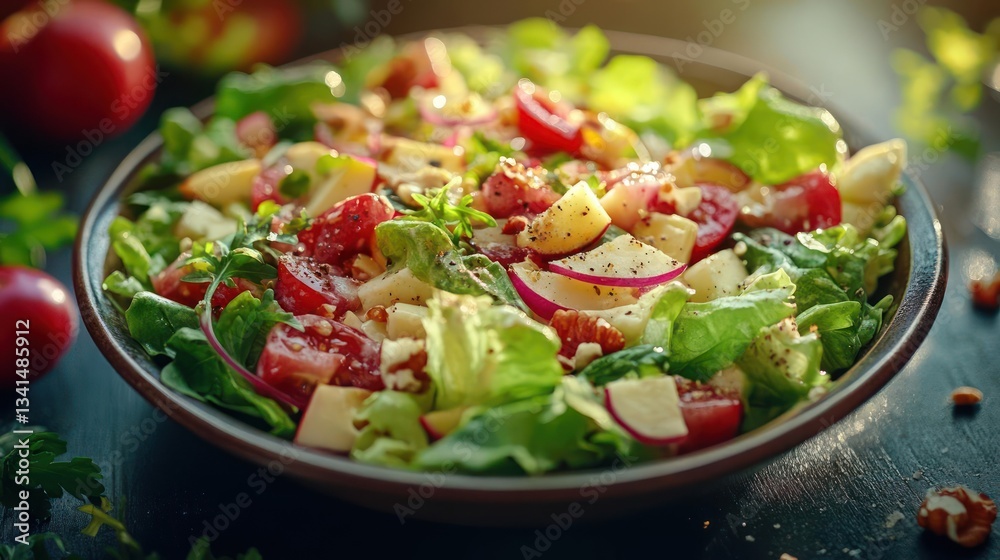A fresh salad with mixed greens and vegetables. A fresh salad with mixed greens and vegetables.