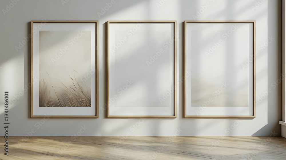 Three empty frames with a light beige mat on a white wall, ready for artwork.
Three empty frames with a light beige mat on a white wall, ready for artwork.