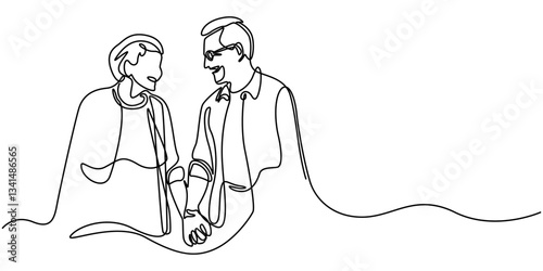 Old couple in continuous line art drawing style. Senior man and woman walking together holding hands. Black minimalist linear sketch isolated, Continuous line drawing of senior man walking.