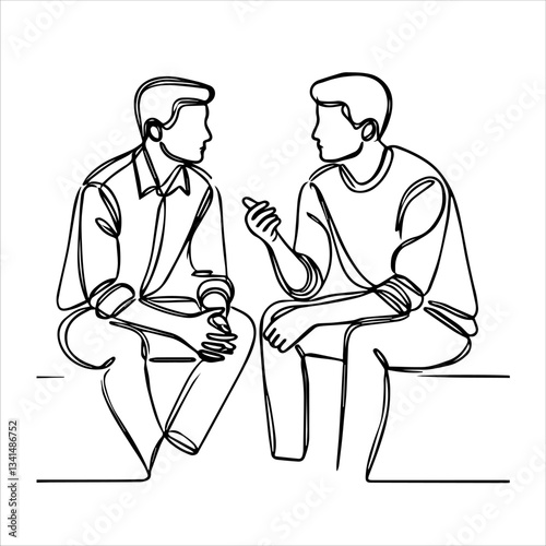 A continuous one-line drawing of two young men sitting and discussing a problem. The minimalist vector illustration