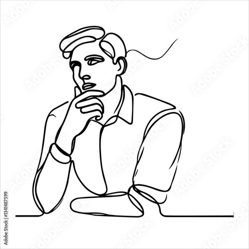 A continuous one-line drawing of a man in a thinking pose, symbolizing decision-making and problem-solving. The minimalist vector illustration capture