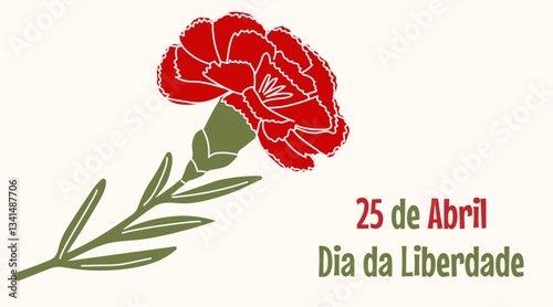 Baner to 25 April Portugal Freedom Day, Carnation Revolution. Red carnation with a green stem on a white background.