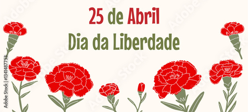 Banner for April 25, Portugal Freedom Day, Carnation Revolution. Red carnations in a frame with a green stem on a white background. Great for postcards, web banners, posters