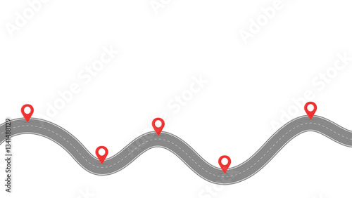 Wavy grey road with white dashed lines and five red map location pins evenly placed along the route