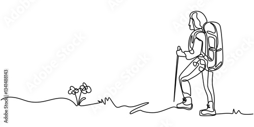 Single one line drawing hiking hikers couple man woman with backpacks, Continuous one line drawing woman hiker with backpack and map hiking in mountain or forest and exploring nature. Active outdoor.