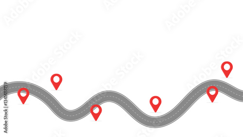 A winding road with multiple red location markers on a white background, symbolizing a journey or route