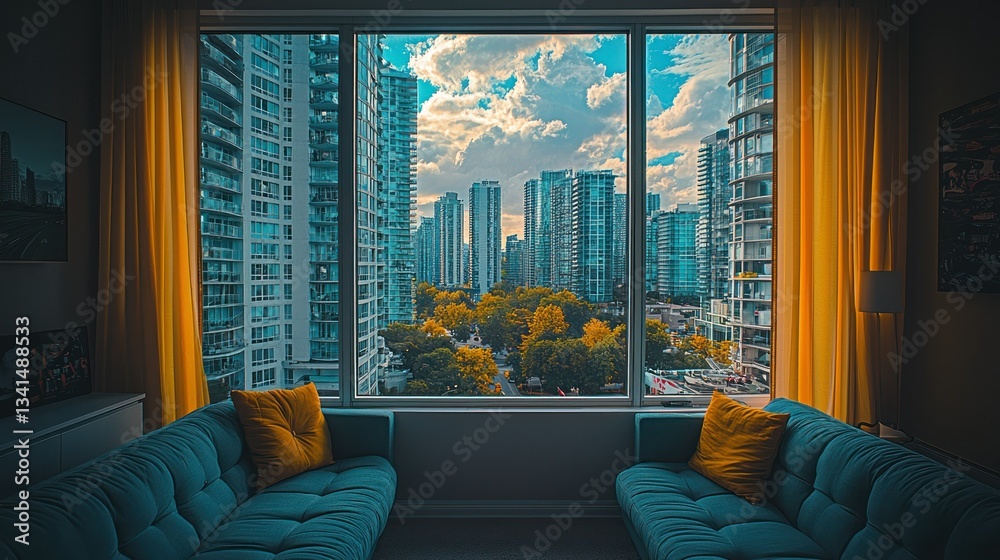 Obraz premium Cityscape view from teal couch living room with yellow drapes