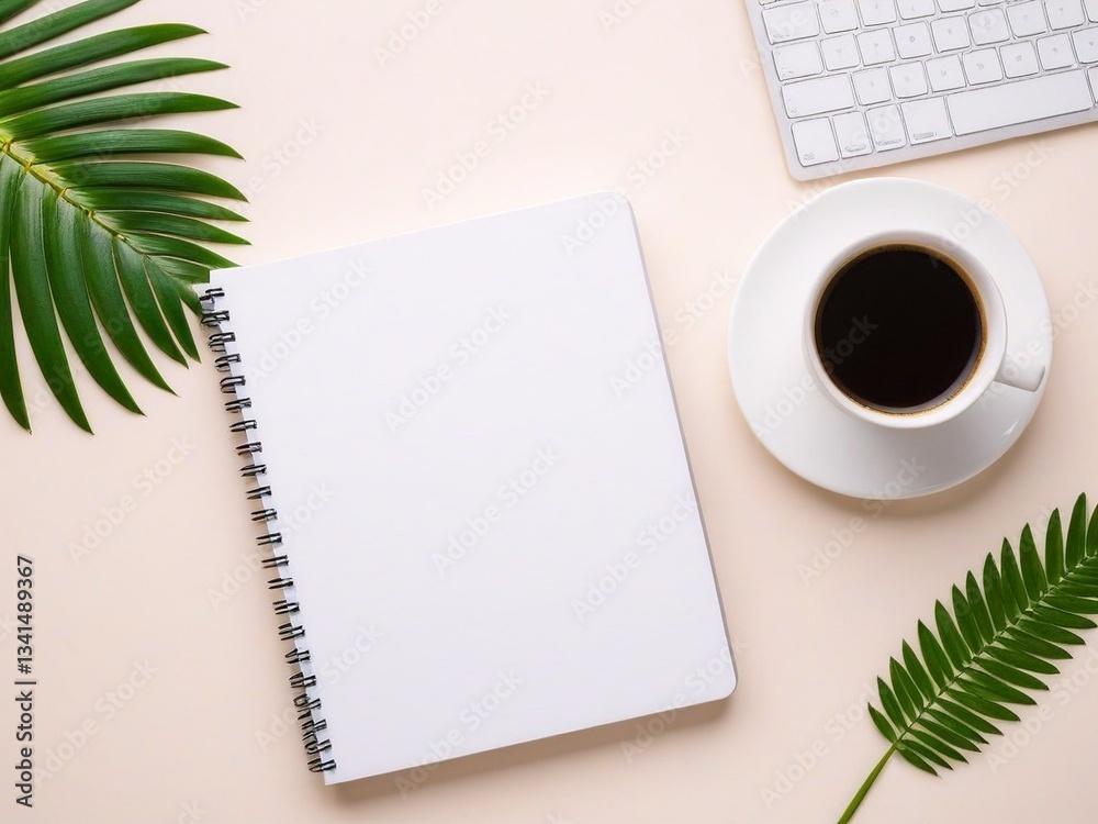 A white spiral notebook, a cup of coffee, and a keyboard are arranged on a light pink background, accompanied by two green leaves. A white spiral notebook, a cup of coffee, and a keyboard are arranged on a light pink background, accompanied by two green leaves.
