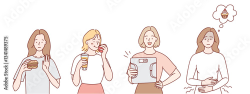 Happy girl on a diet. Proper nutrition. Vector illustration in cartoon style.