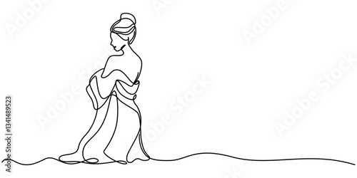 Woman after shower one line drawing on white isolated background, Happy woman in a towel after taking a bath with an imaginary crown. Self care and self love concept. Hand drawn continuous line style 
