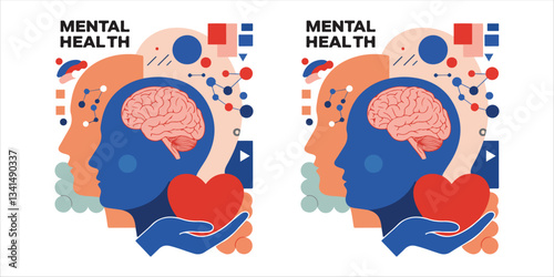 Collage of mental health concept with hand. modern vector illustration presenting a collage that highlights the concept of mental health. It features elements such as a halftone hand, a heart