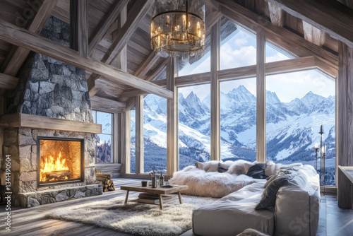 A cozy rustic mountain lodge 3D background room with a stone fireplace, soft fur blankets, and large wooden beams supporting the ceiling. The massive windows reveal breathtaking views of snow-covered
