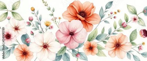 Wallpaper Mural Delicate vintage watercolor botanical illustration of flowers and leaves, soft hues, antique, botanical art Torontodigital.ca
