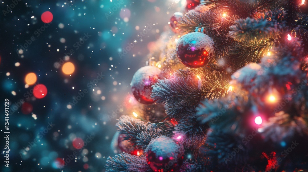 Fototapeta premium Closeup of a Snowy Christmas Tree with Red Ornaments and Warm Lights