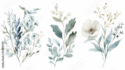 A collection of watercolor botanical illustrations with soft blue, green, and white tones.
