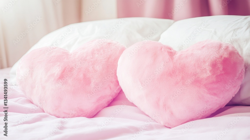 Two pink heart-shaped pillows resting on a neatly made bed against a soft pastel-colored wall, creating a cozy and romantic atmosphere. Two pink heart-shaped pillows resting on a neatly made bed against a soft pastel-colored wall, creating a cozy and romantic atmosphere.