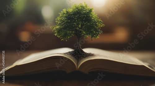 Green Tree Growing on Open Book Symbolizing Knowledge, Nature, and Growth in a Beautiful Soft Focus Background