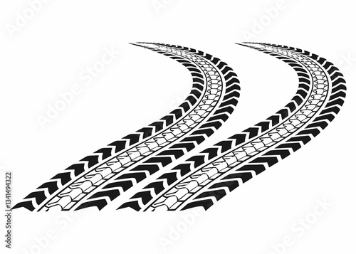 A graphic design featuring two tire tracks curving in opposite directions against a plain white background.