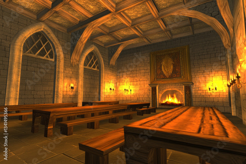 A vast medieval great hall 3D background room with long wooden banquet tables, flickering torchlight on stone walls, and a grand fireplace casting a warm golden glow. The high vaulted ceilings are