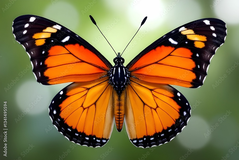 Fototapeta premium Monarch butterfly with vibrant orange wings, adorned with black and white markings. Beautiful insect concept. Animal background