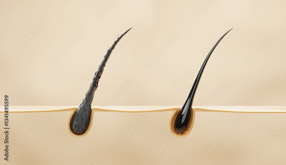 3D illustration of damaged hair vs healthy hair comparison under skin, concept for hair treatment, hair care product, and scalp health.
3D illustration of damaged hair vs healthy hair comparison under skin, concept for hair treatment, hair care product, and scalp health.
