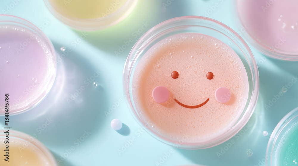 Colorful petri dishes with smile face design in a scientific laboratory setting Colorful petri dishes with smile face design in a scientific laboratory setting