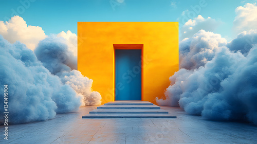 A blue door is in front of a yellow wall