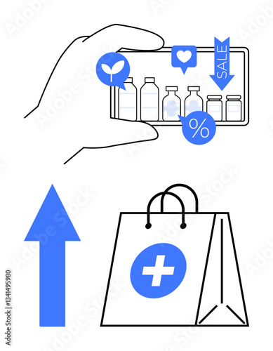 Hand holding smartphone displaying healthcare items, sale tags, and icons. Blue upward arrow and shopping bag emphasize digital healthcare commerce. Ideal for e-commerce, digital trends, healthcare